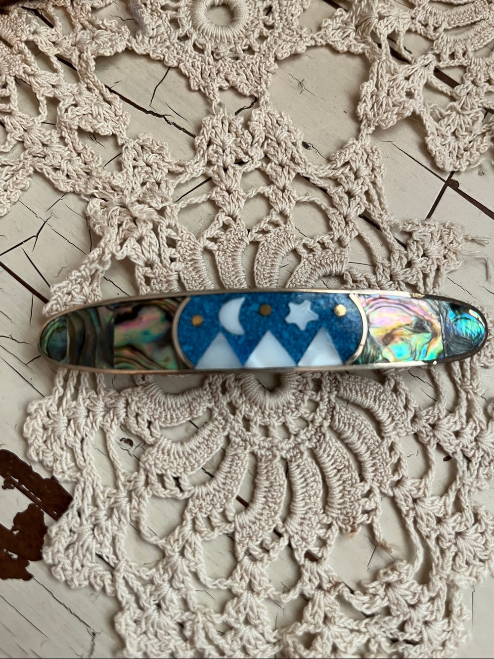 Handmade Abalone and Turquoise Inlay hair barrette- White and Blue Design - Picture 3 of 6